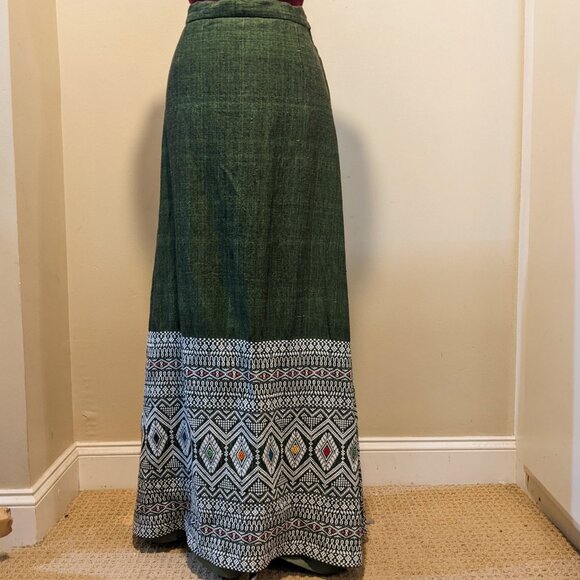 Vintage Boho Ethnic Woven Design Olive Green Maxi Skirt XS/S - Picture 1 of 4